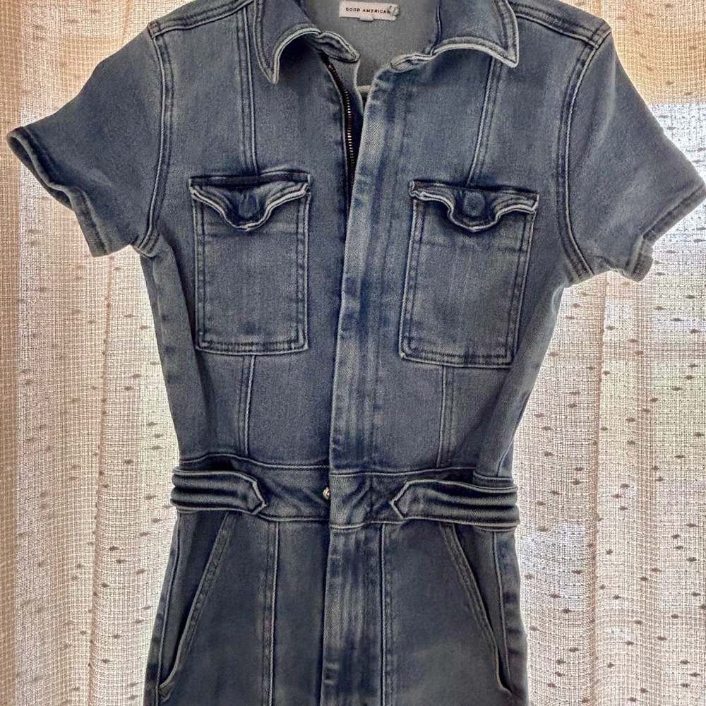 Good American Light Blue Denim Straight Leg Pants Jumpsuit